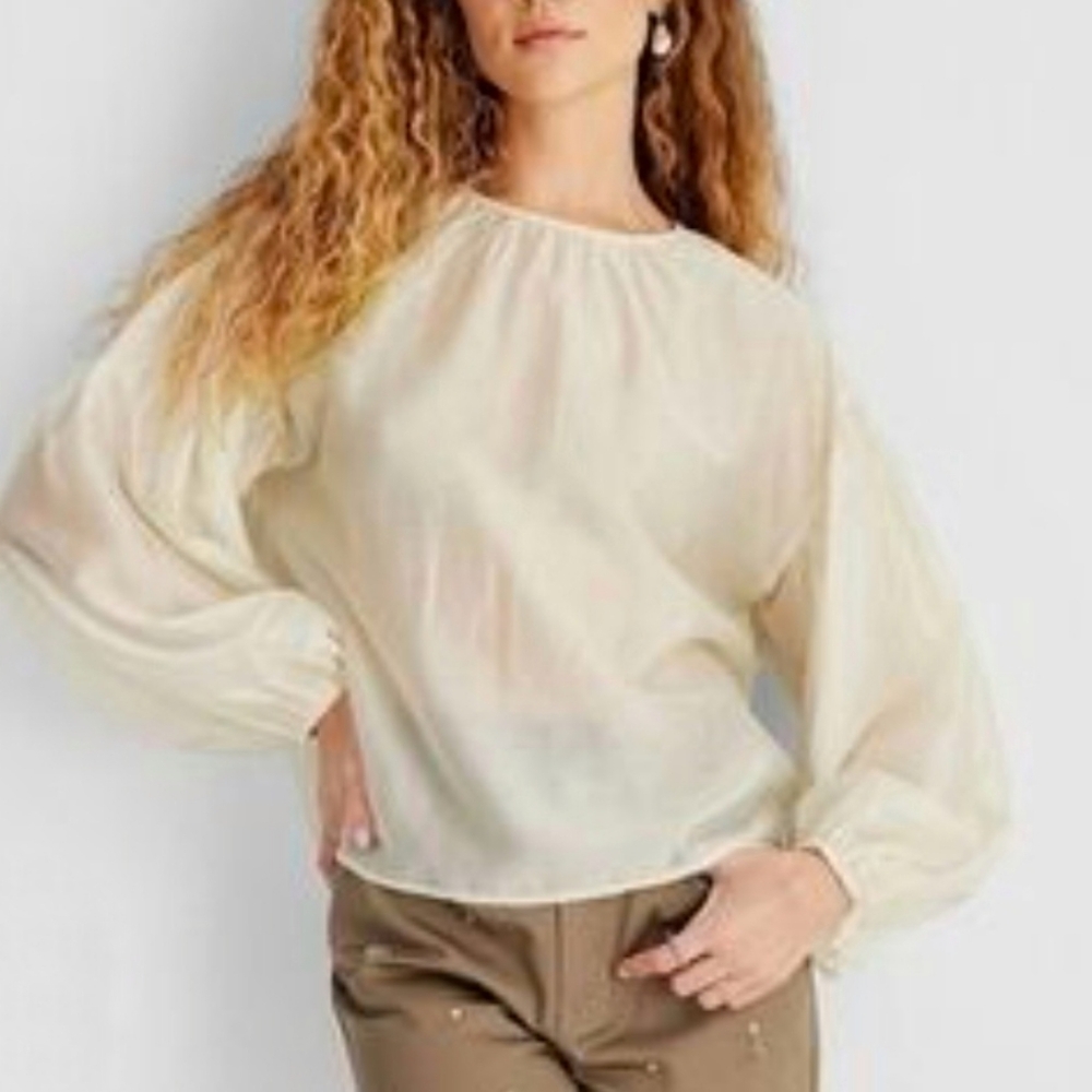Sheer Balloon-Sleeve Blouse in Cream